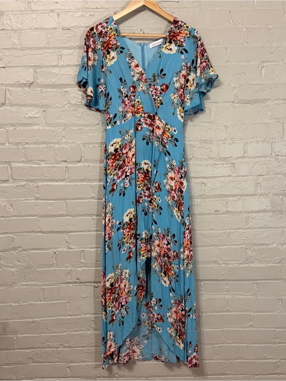 Azalosie Floral Faux Wrap High Low Hem Maxi Flutter Sleeve Dress